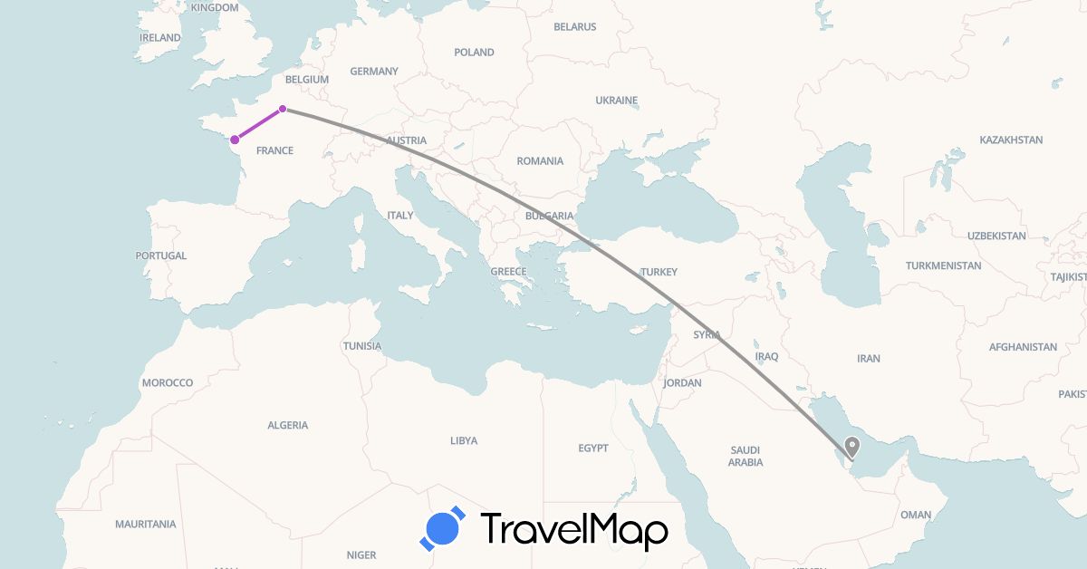 TravelMap itinerary: plane, train in France, Qatar (Asia, Europe)